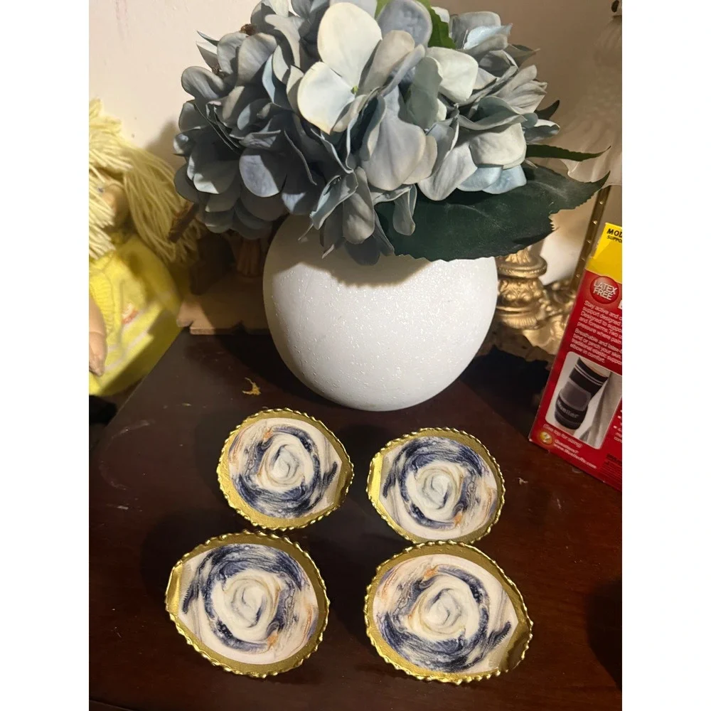 Set of 4 Coastal Oyster Shell Napkin Rings Marbled Blue Gold Nautical Decor